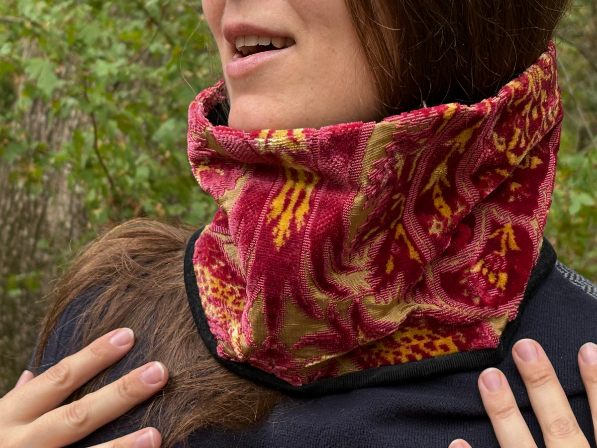 Snood - tour de cou en velours rose, jaune et doré