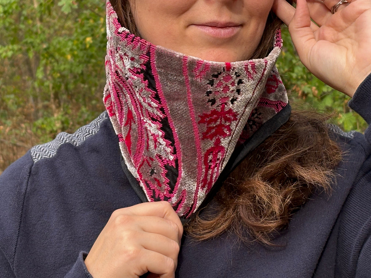 Snood - tour de cou en velours gris perle, rose, rouge et noir - chaud