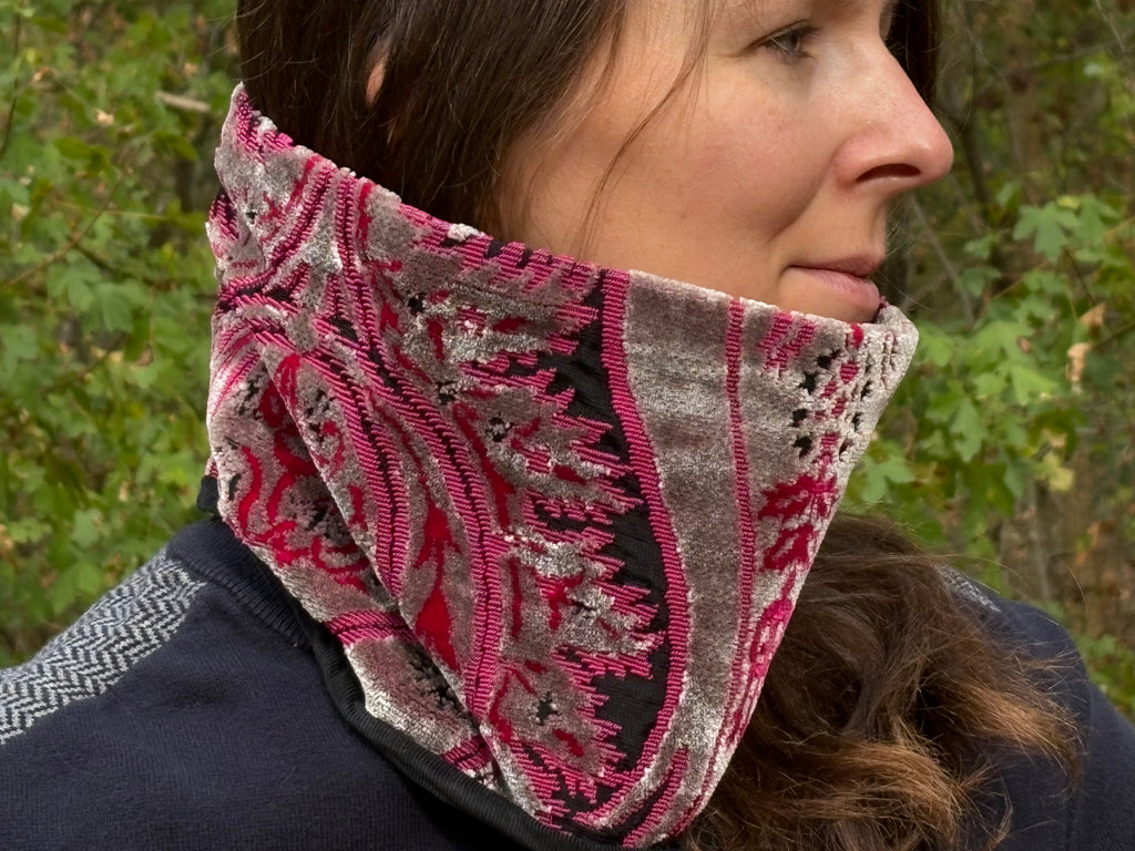 Snood - tour de cou en velours gris perle, rose, rouge et noir - chaud