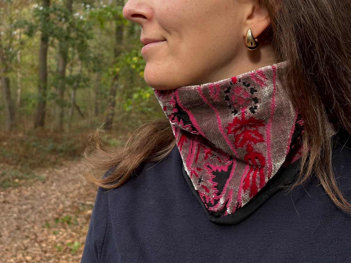 Snood - tour de cou en velours gris perle, rose, rouge et noir - chaud