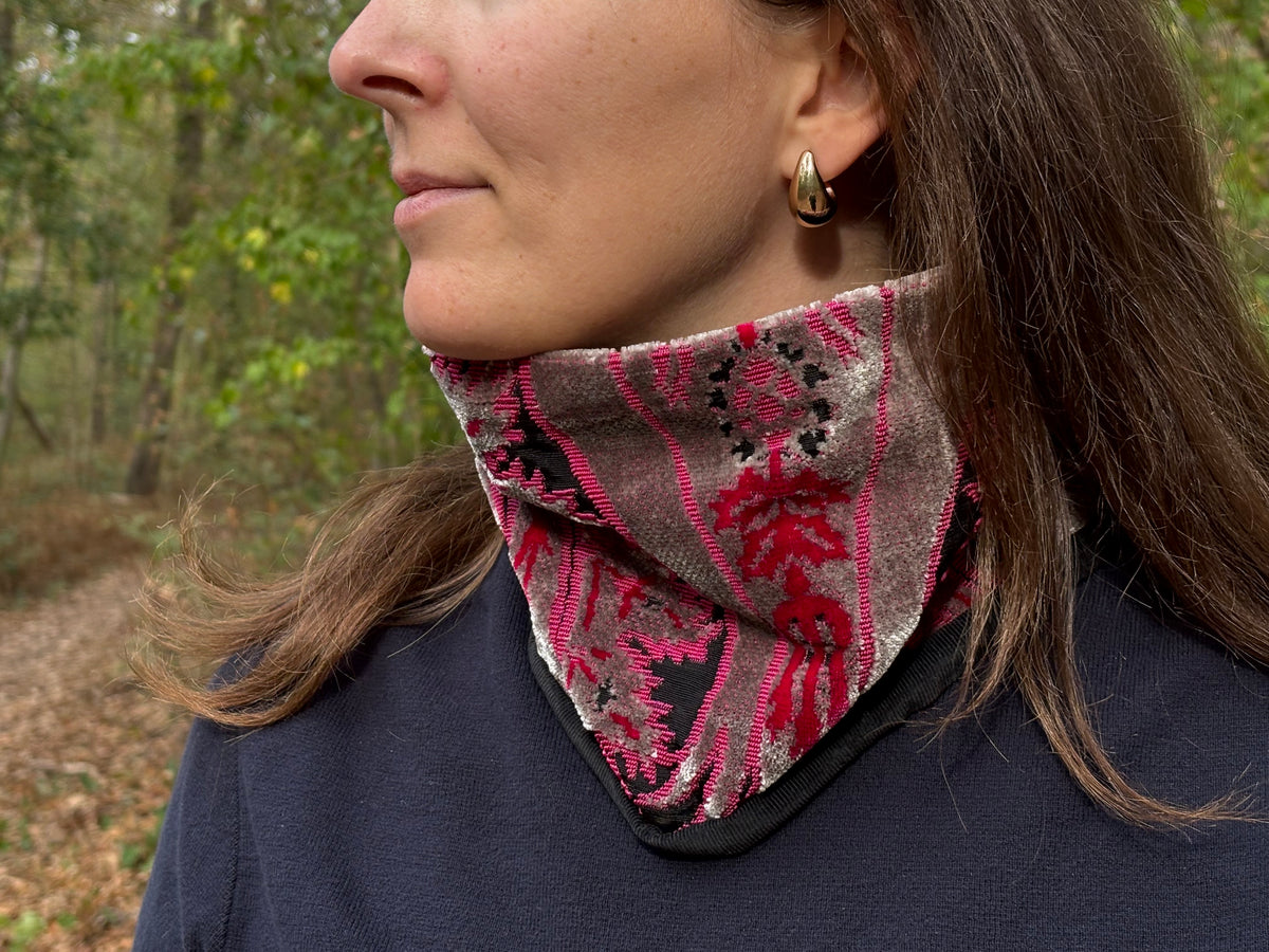 Snood - tour de cou en velours gris perle, rose, rouge et noir - chaud