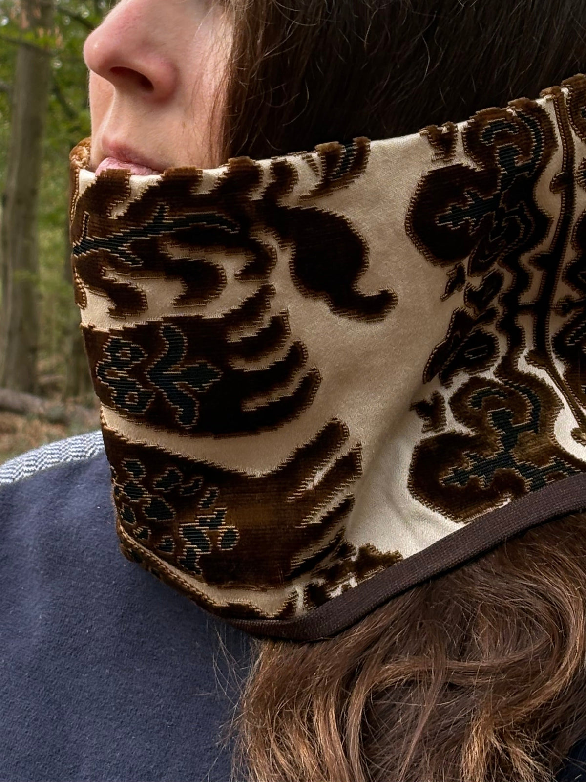 Snood - tour de cou en velours marron, noir et satin nacre - chaud