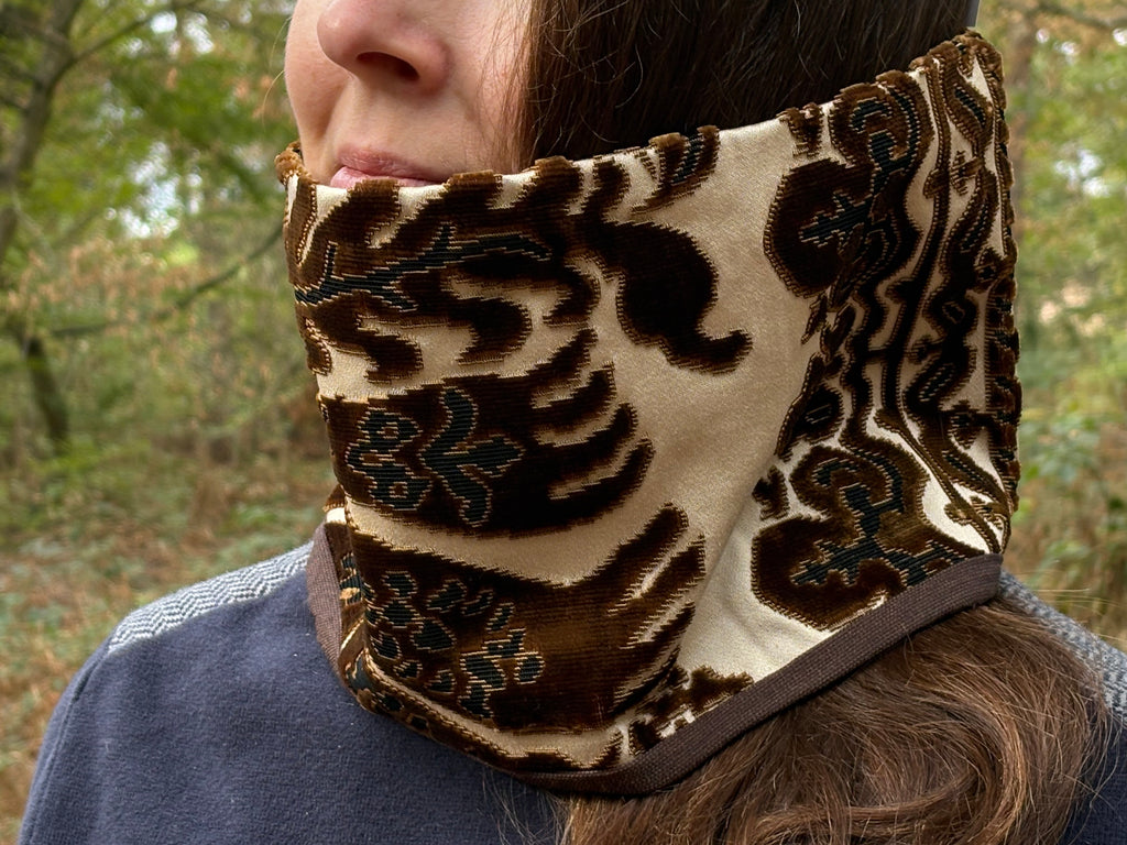 Snood - tour de cou en velours marron, noir et satin nacre - chaud
