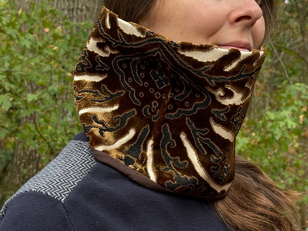 Snood - tour de cou en velours marron, noir et satin nacre - chaud