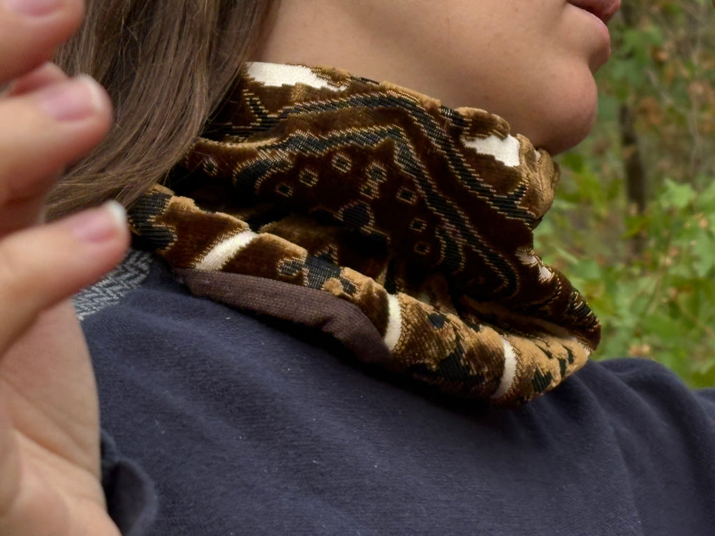 Snood - tour de cou en velours marron, noir et satin nacre - chaud