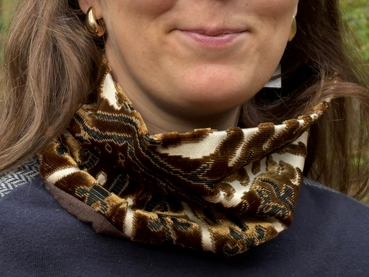 Snood - tour de cou en velours marron, noir et satin nacre - chaud