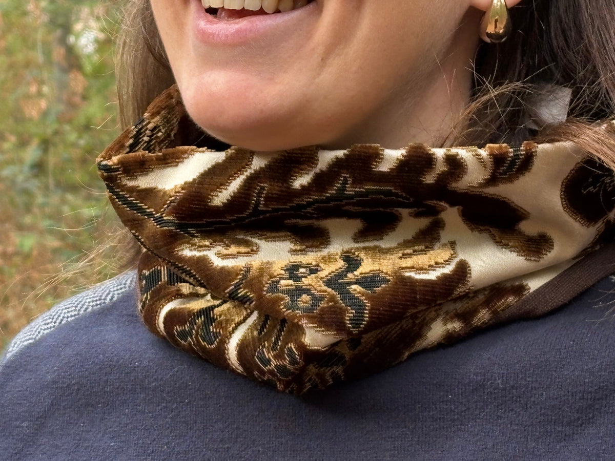 Snood - tour de cou en velours marron, noir et satin nacre - chaud