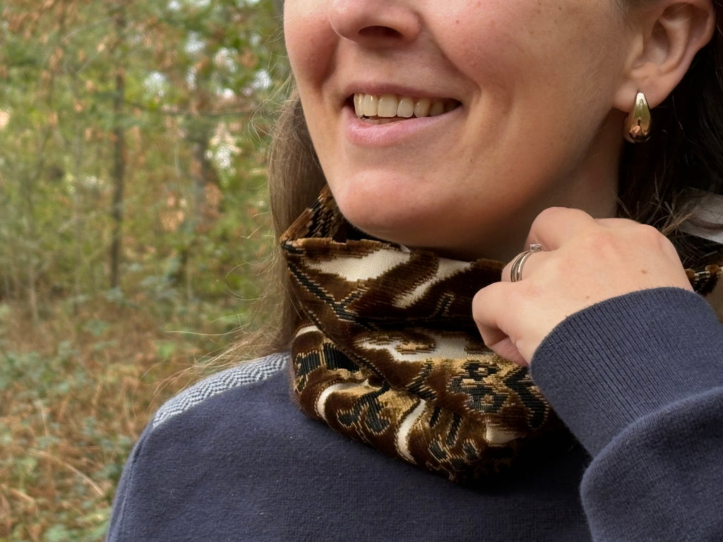 Snood - tour de cou en velours marron, noir et satin nacre - chaud