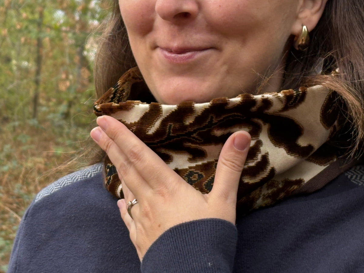 Snood - tour de cou en velours marron, noir et satin nacre - chaud