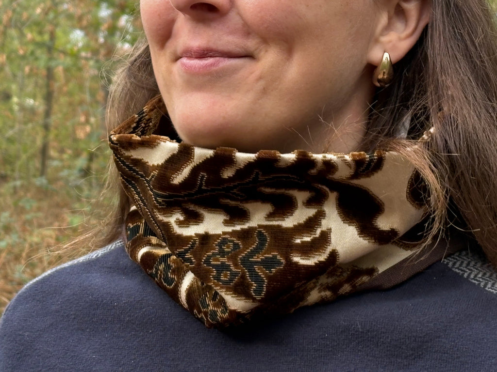 Snood - tour de cou en velours marron, noir et satin nacre - chaud