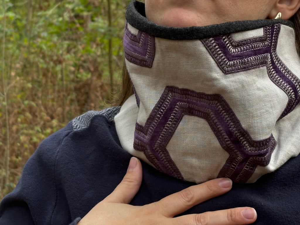 Snood - tour de cou en coton et velours gris et violet - coupe-vent