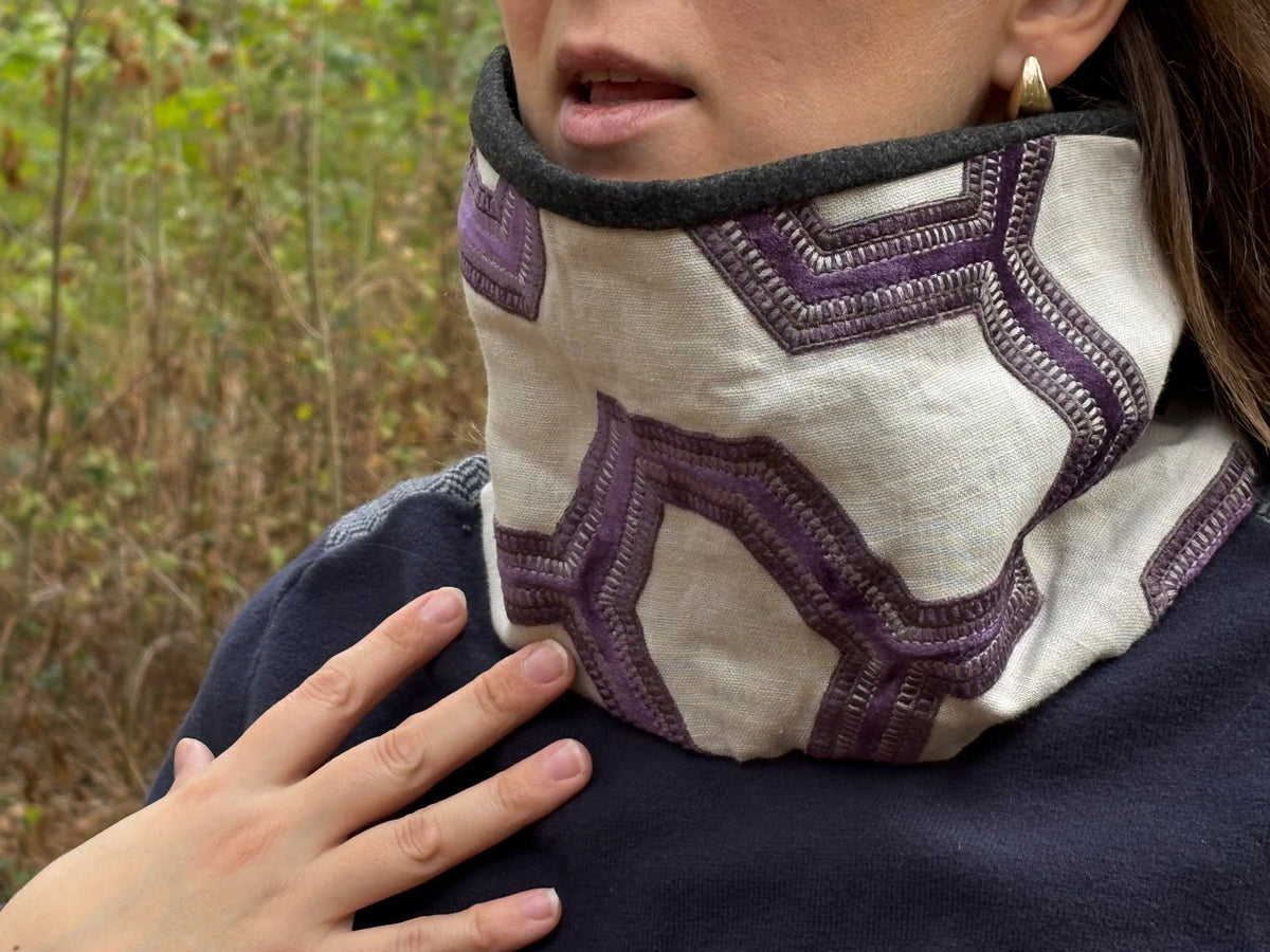 Snood - tour de cou en coton et velours gris et violet - coupe-vent