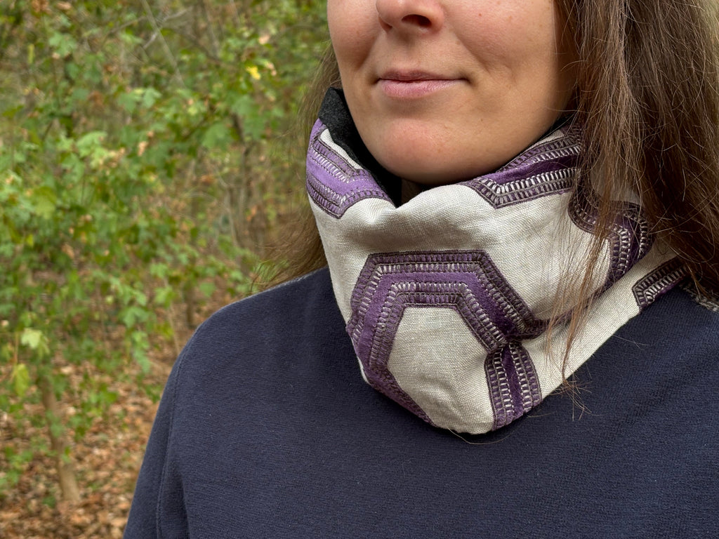 Snood - tour de cou en coton et velours gris et violet - coupe-vent