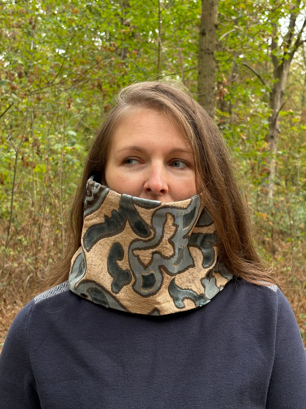 Snood - tour de cou en coton beige et velours bleu et gris - chaud