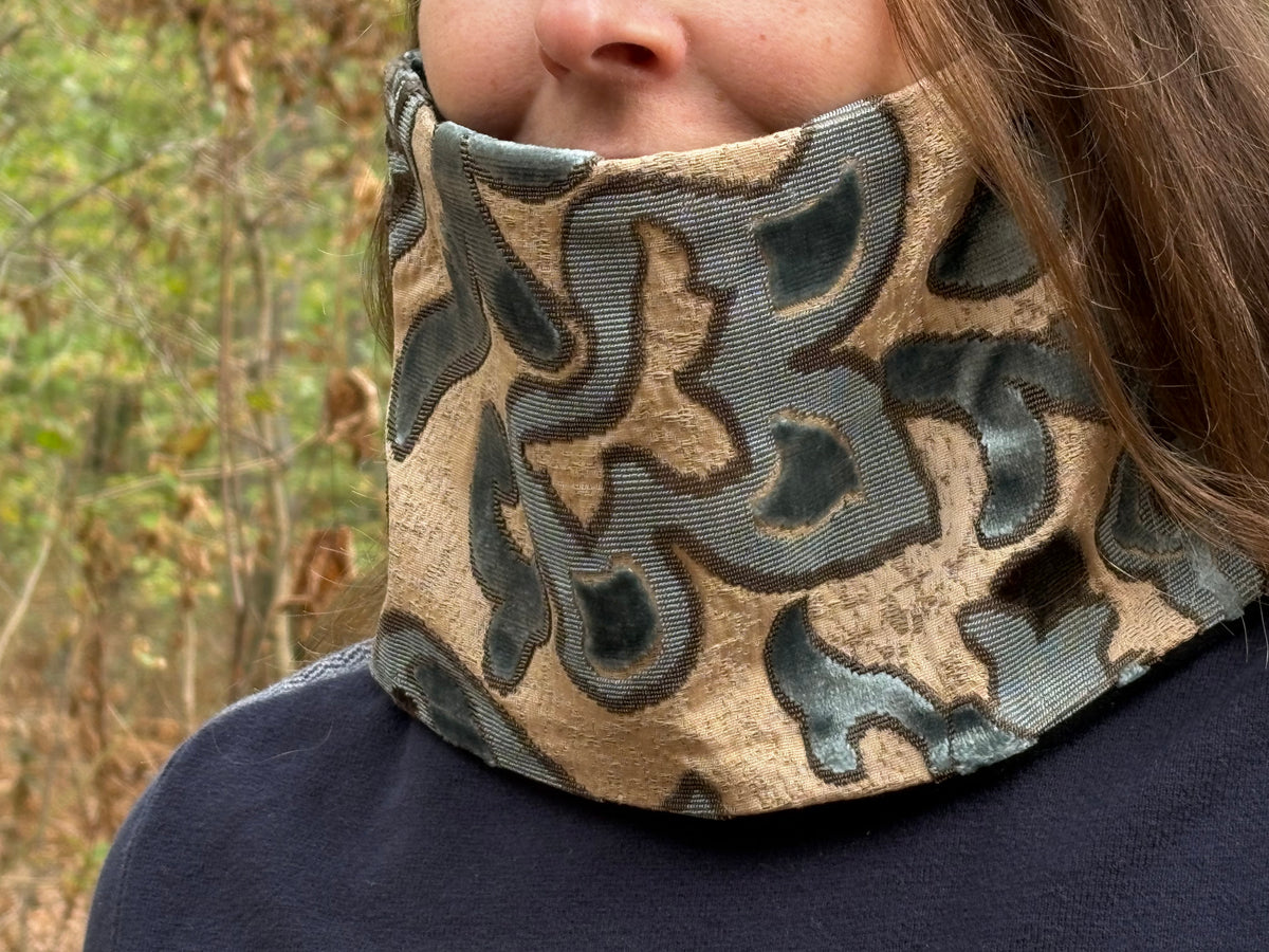 Snood - tour de cou en coton beige et velours bleu et gris - chaud