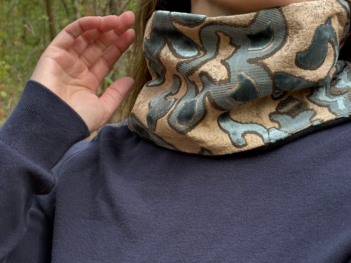 Snood - tour de cou en coton beige et velours bleu et gris - chaud