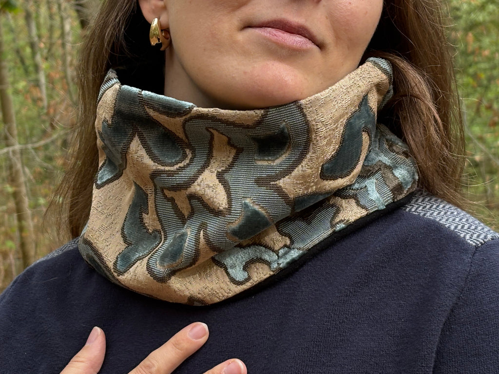 Snood - tour de cou en coton beige et velours bleu et gris - chaud